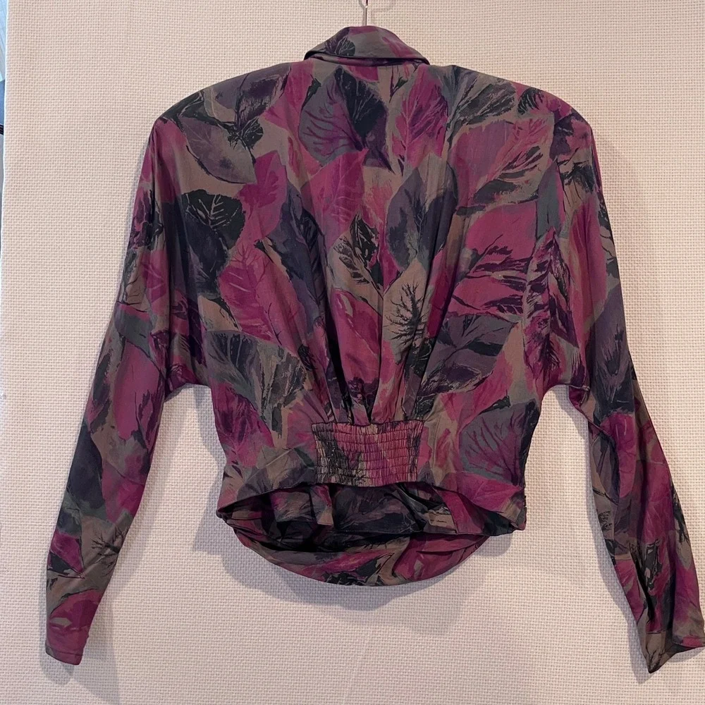 JIARIJIA Vintage 80s Floral Print Blouse Top Dolman Long Sleeve Smocked Waist‎